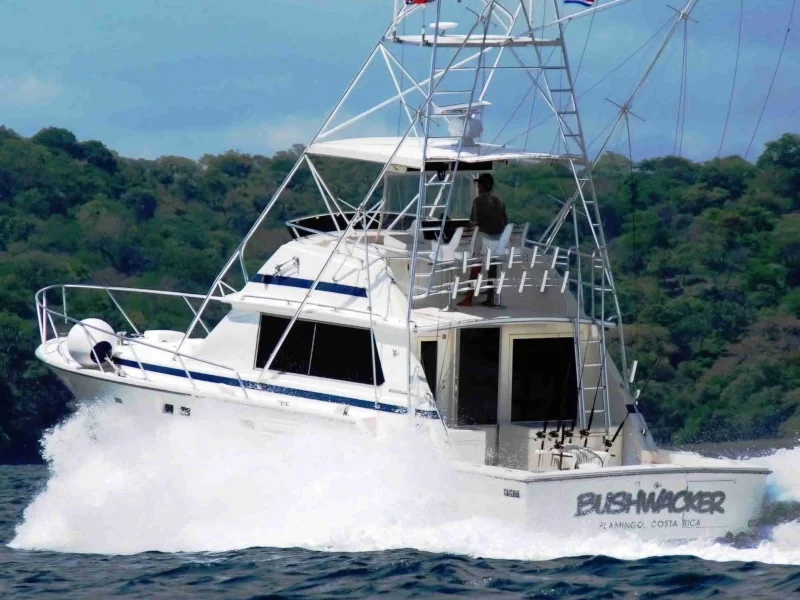 Bushwacker offshore sport fishing vessel running full speed in Flamingo, Costa Rica
