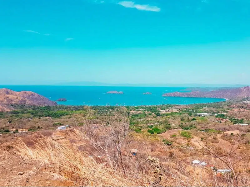 Golden dry-season hills overlooking the bay at Playa Potrero, Guanacaste, Costa Rica