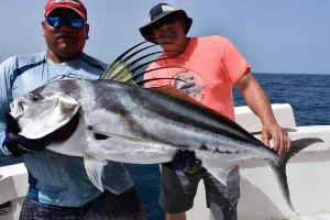 Two Fish Potrero crew holding a large roosterfish with its dorsal comb flared, aboard a charter off Playa Potrero, Guanacaste