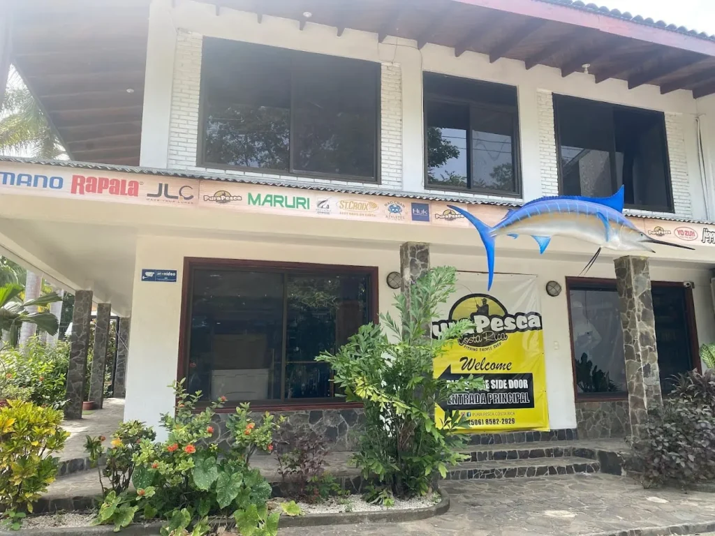 The storefront of Pura Pesca fishing tackle shop in Playa Potrero, with a mounted blue marlin and brand banners