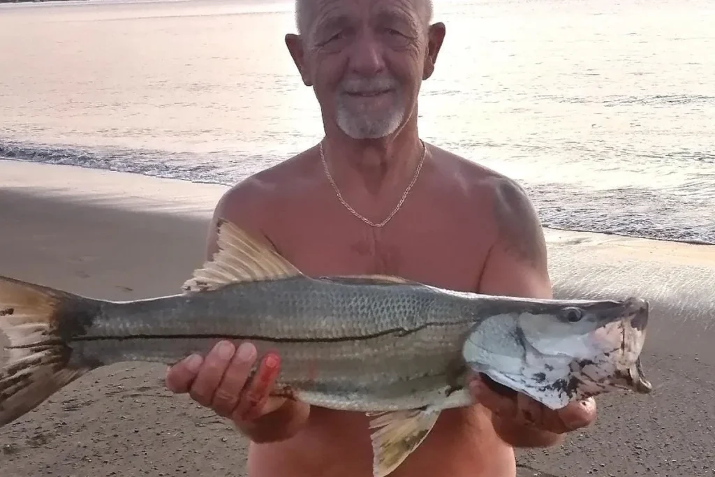An angler holding a snook caught from the sand at sunset on a Playa Potrero beach