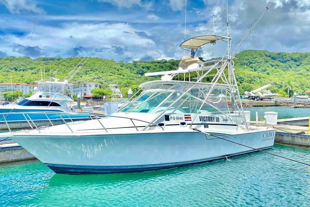 Victory Sport Fishing charter boat, a 35-foot Cabo Express, at the marina in Playa Potrero, Guanacaste